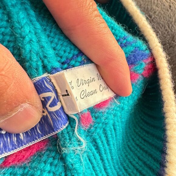 Vintage Sarita 100% Virgin Wool Teal Blue Long Sleeve Knit Sweater Women Size 7 - Picture 4 of 8